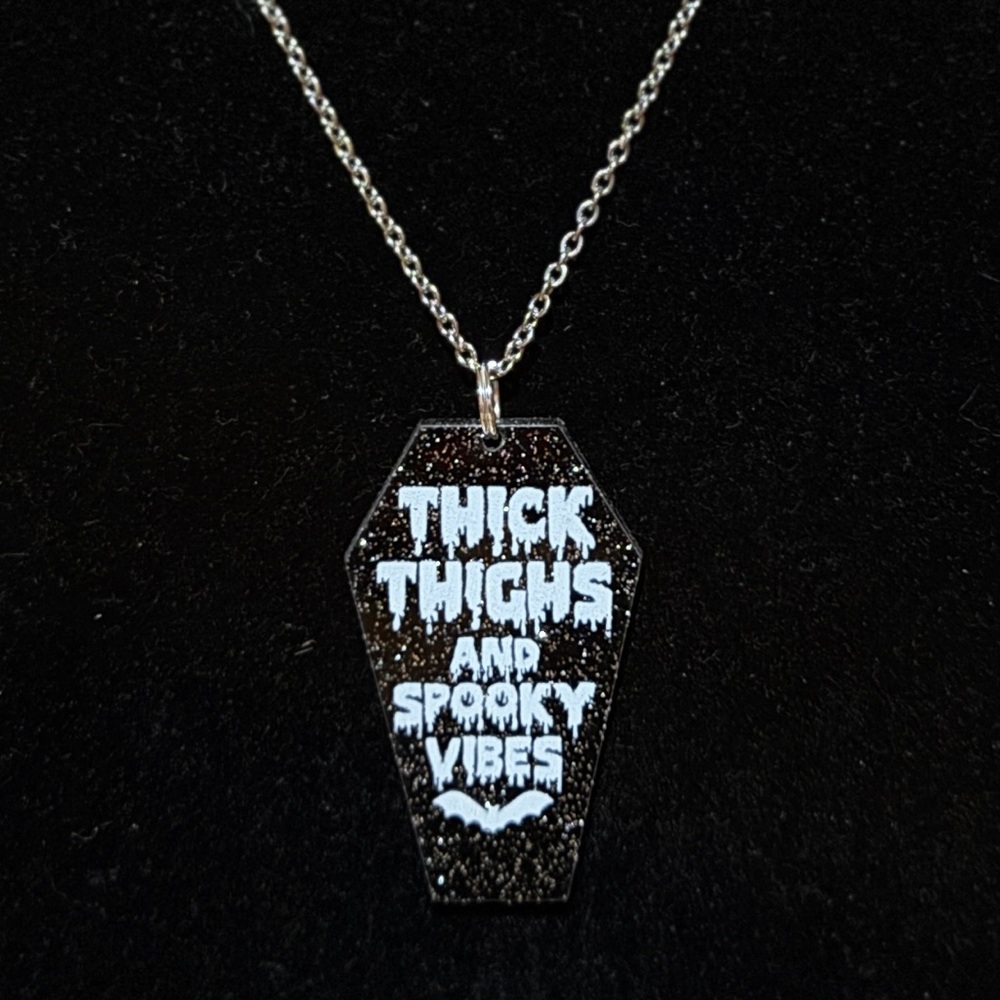 Thick Thighs Spooky Vibes Coffin Necklace Chain Goth Horror Bats Jewelry Black